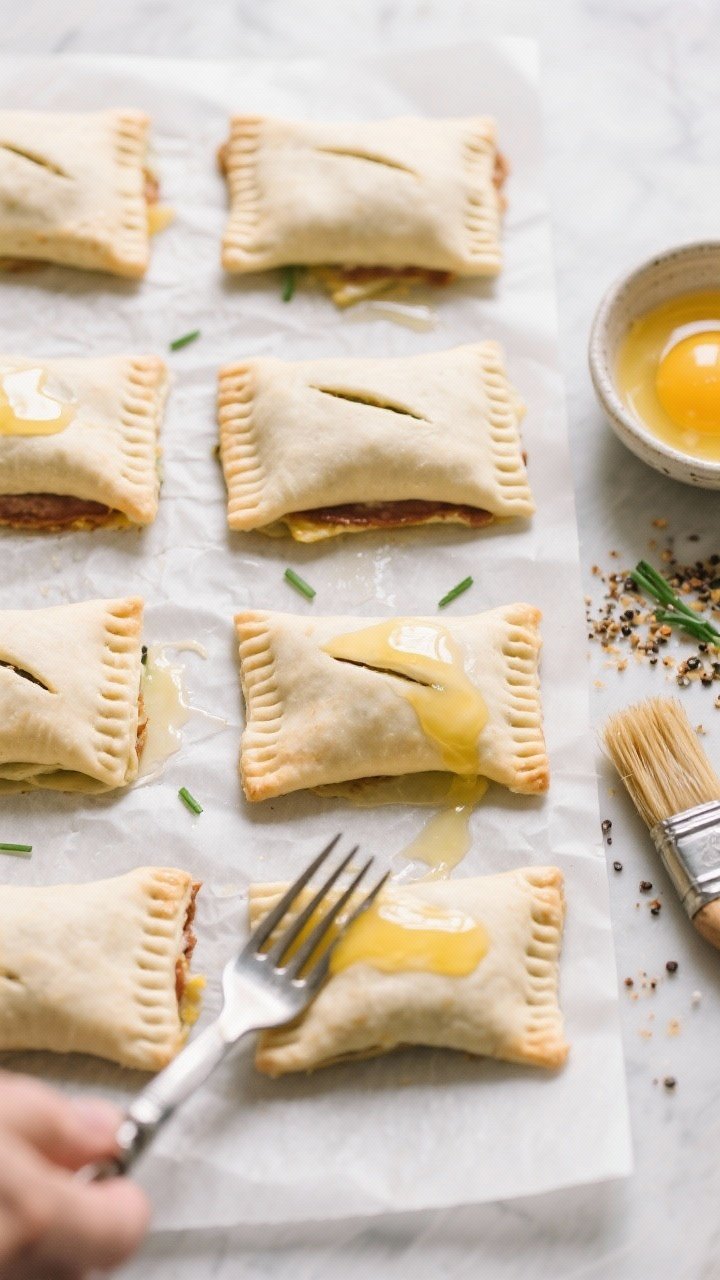 Cooking process: Overhead shot of assembled breakfast pockets on parchment right before baking—rec