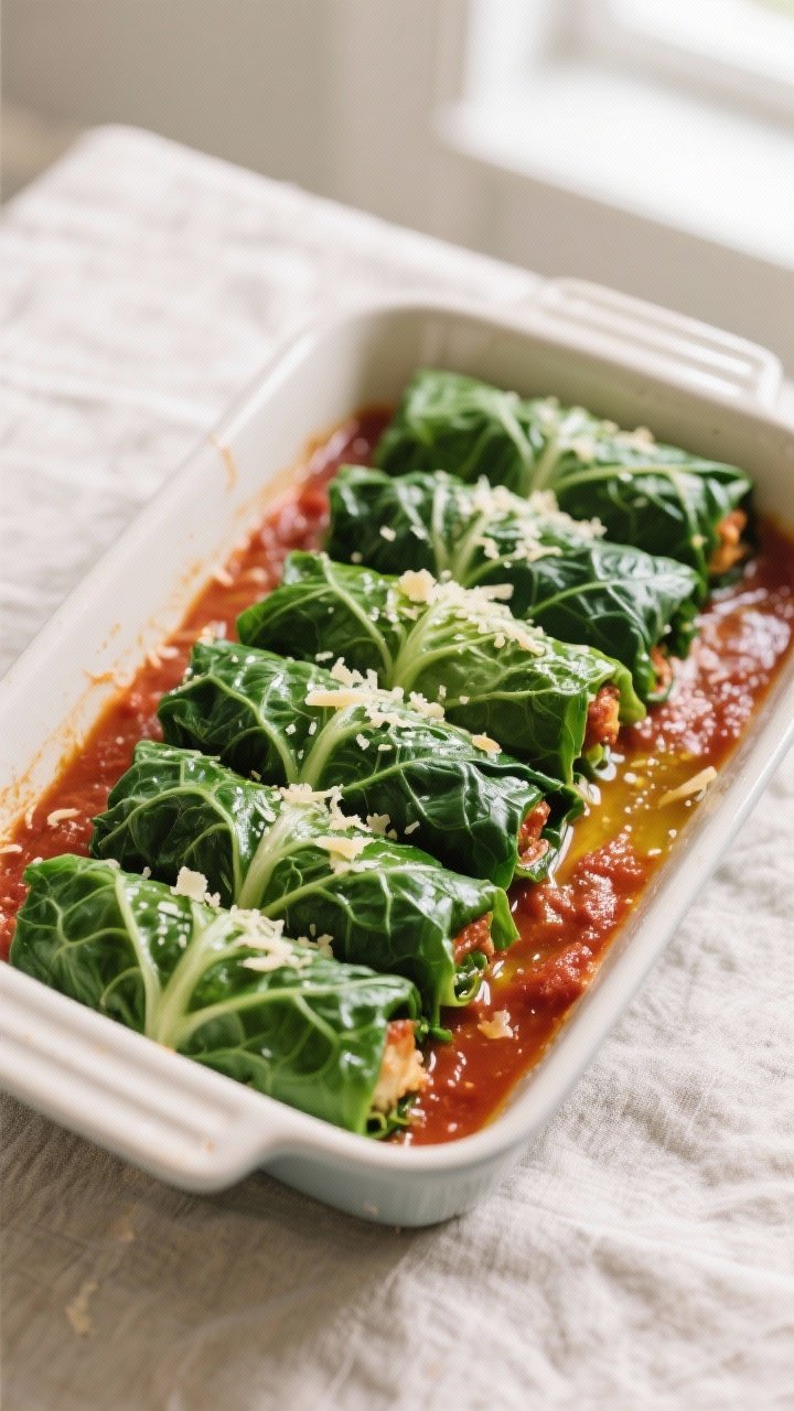 Cooking process: Overhead shot of assembled collard green rolls nestled seam-side down in a lightly 