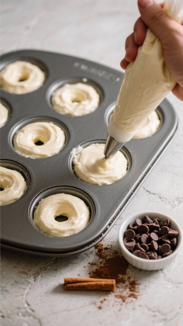 Cooking process: Overhead shot of donut batter being piped into a nonstick donut pan, wells filled a