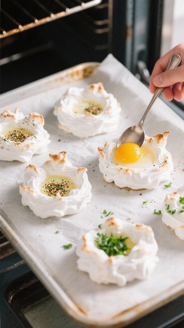 Cooking process: Overhead shot of four whipped-egg-white nests on a parchment-lined baking sheet aft