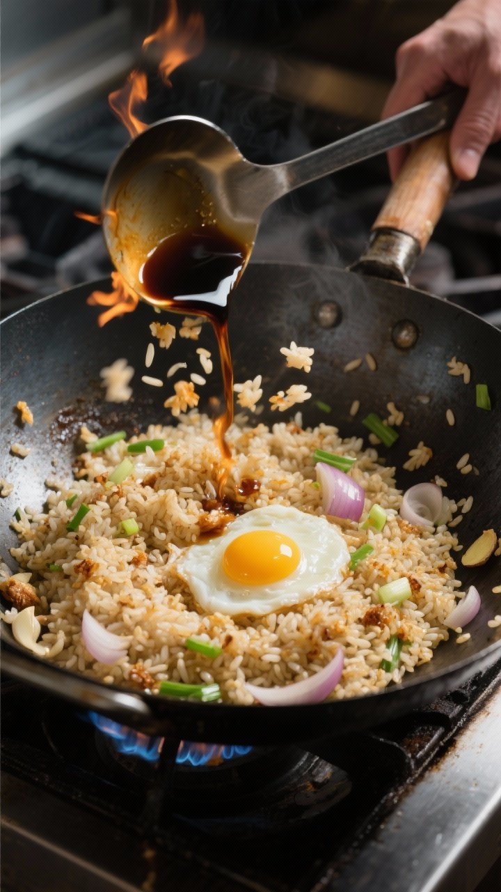 Cooking process: Overhead shot of fried rice mid-toss in a large carbon-steel wok over high heat, ca