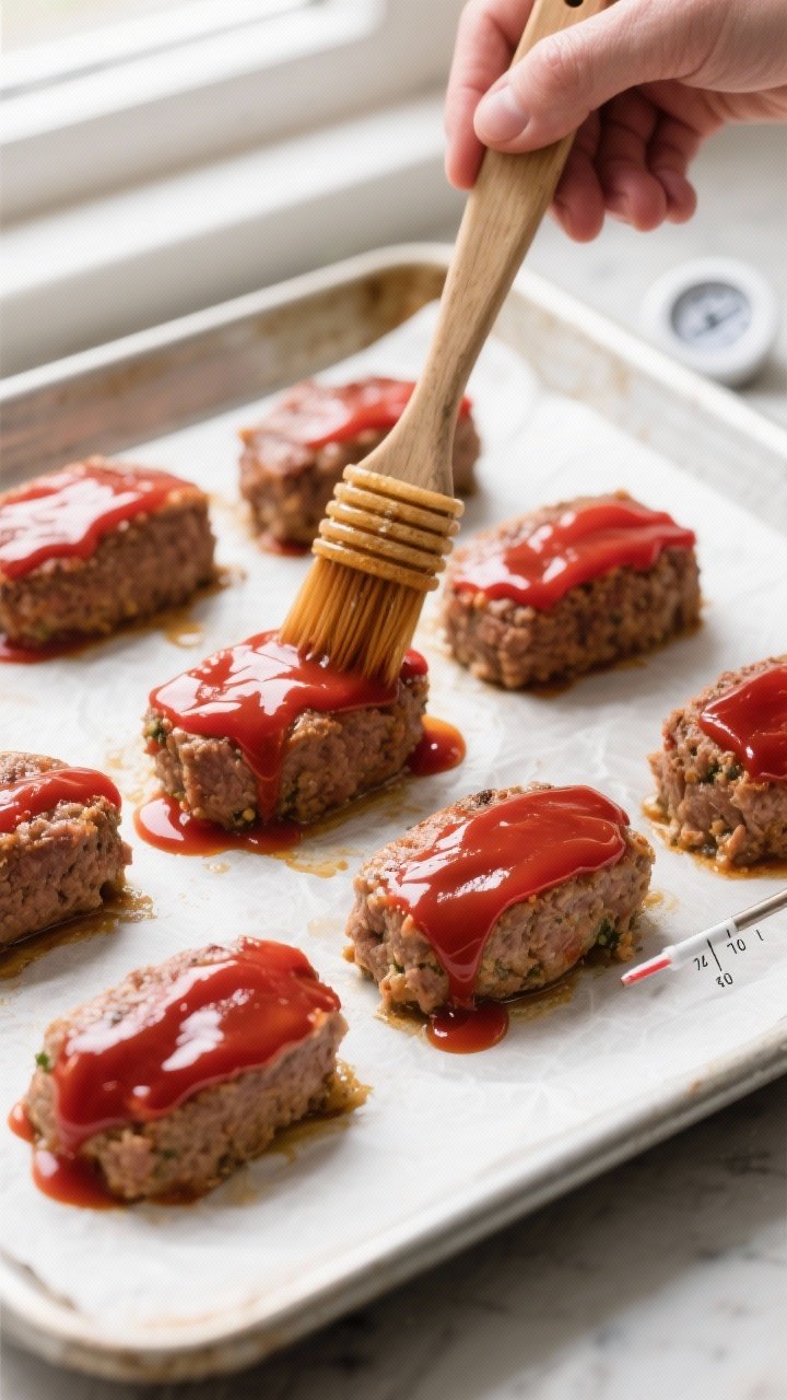 Cooking process: Overhead shot of meatloaf minis mid-bake on a parchment-lined sheet pan as a brush 