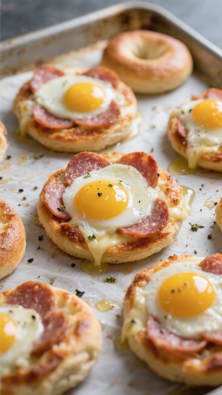 Cooking process: Overhead shot of mini bagel pizzas mid-bake on a parchment-lined sheet tray at the 