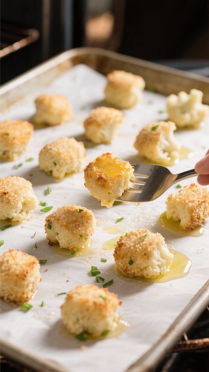 Cooking process: Overhead shot of neatly shaped cauliflower-cheese tots spaced apart on a parchment-