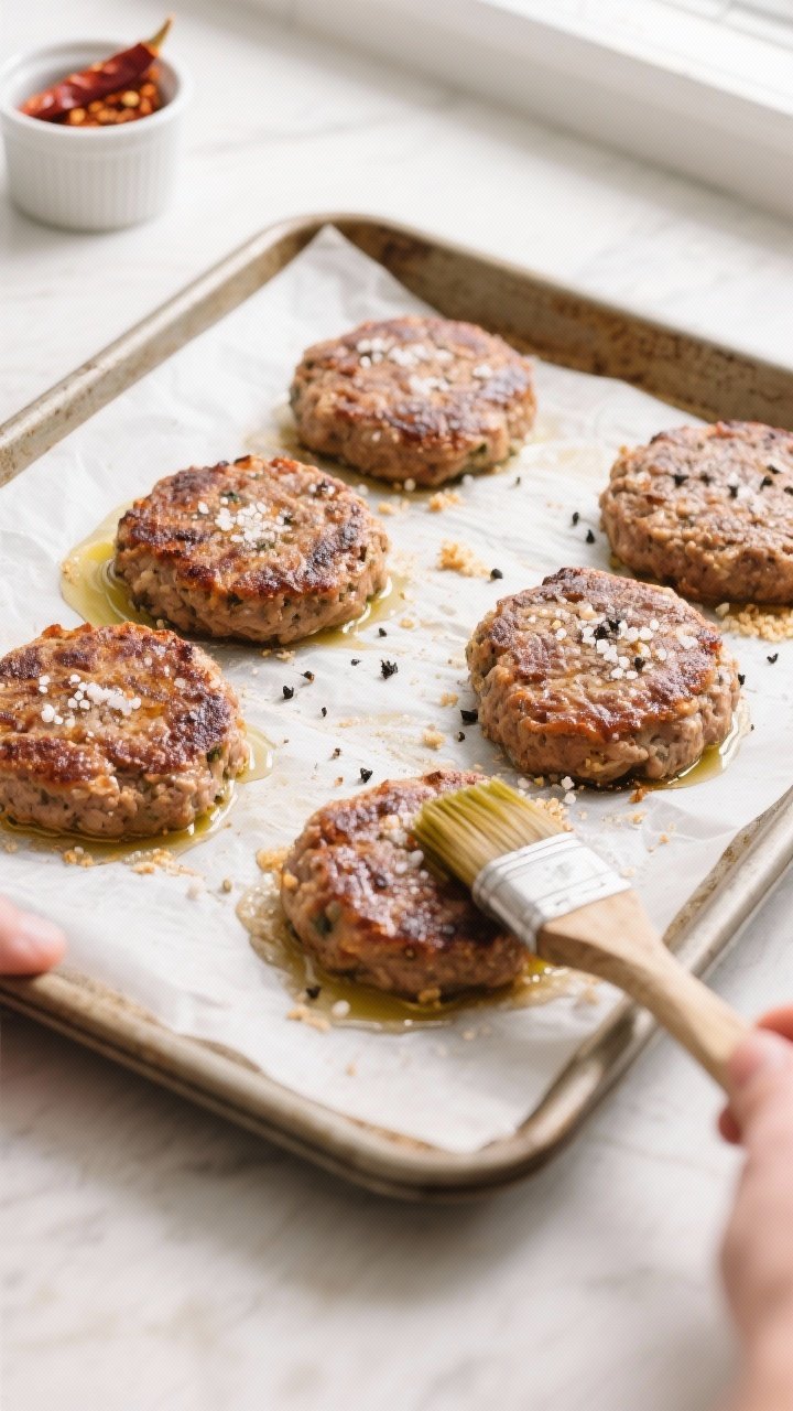 Cooking process: Overhead shot of patties baking on a parchment-lined sheet pan at 400°F, mid-cook 