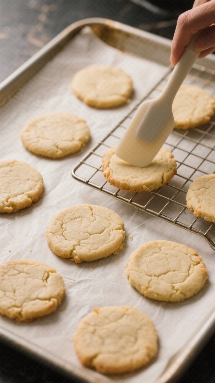 Cooking process: Overhead shot of portioned and lightly flattened dough rounds on a parchment-lined