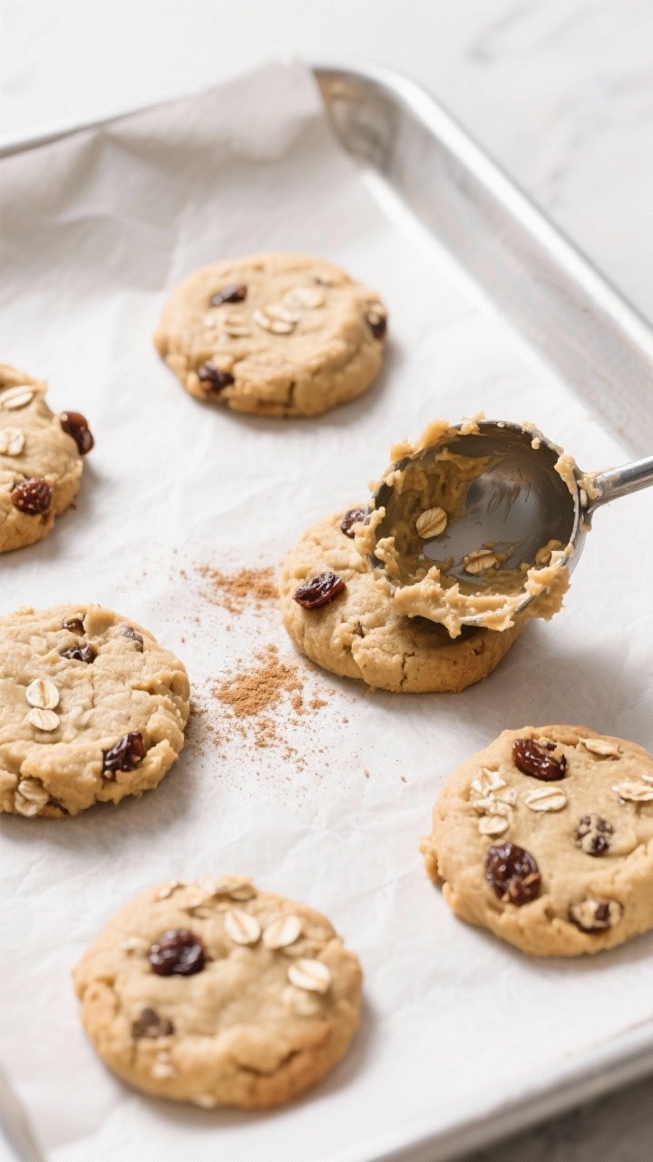 Cooking process: Overhead shot of portioned cookie mounds being gently flattened to 1/2 inch on a pa