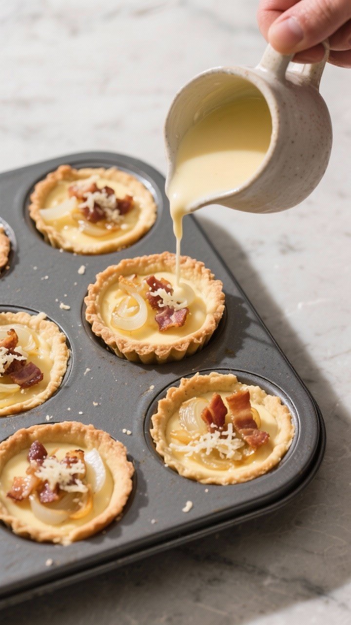 Cooking process: Overhead shot of prepared pastry cups in a standard muffin tin being filled 3/4 ful