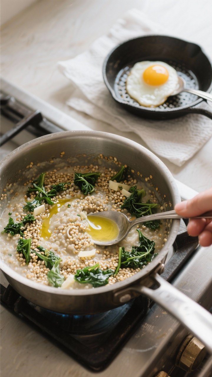 Cooking process: Overhead shot of quinoa porridge in a medium saucepan at the “porridge-like” st