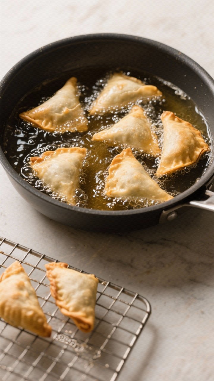Cooking process: Overhead shot of samosas frying gently in a deep pot of oil at a steady medium heat