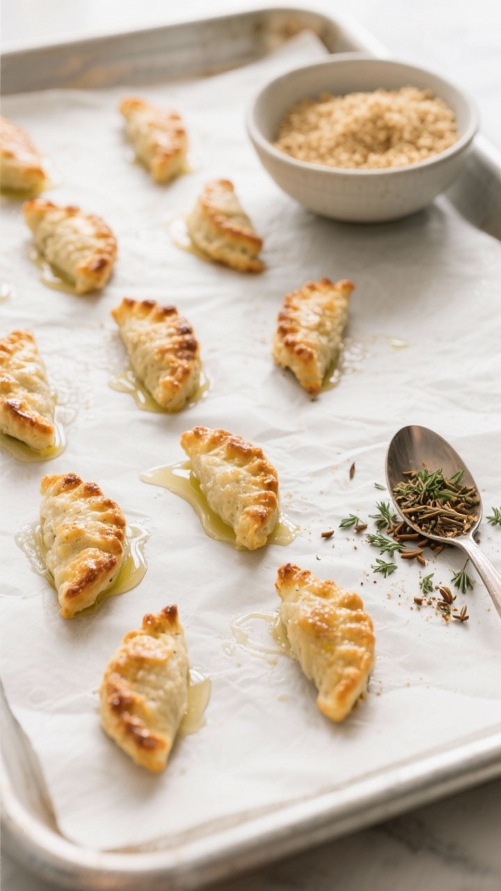 Cooking process: Overhead shot of shaped bites on a parchment-lined baking sheet at 400°F, evenly s