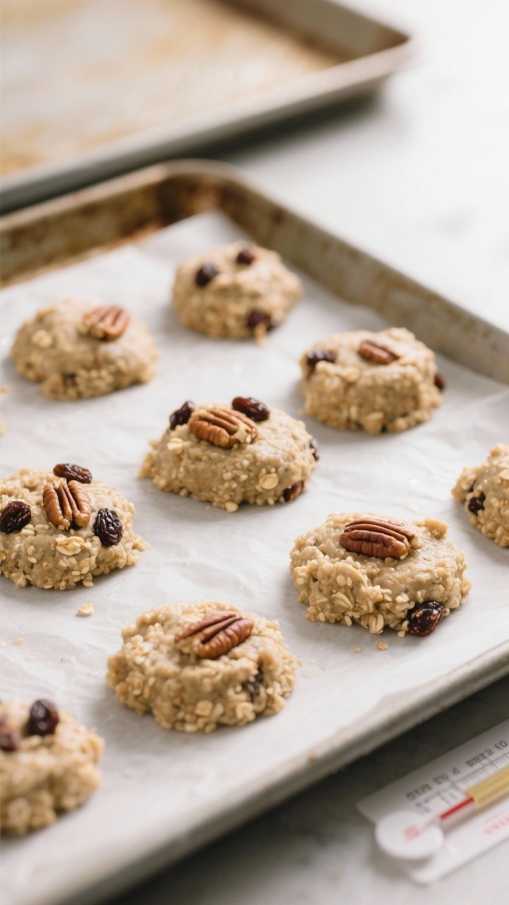 Cooking process: Overhead shot of shaped quinoa oatmeal cookie dough mounds on a parchment-lined bak