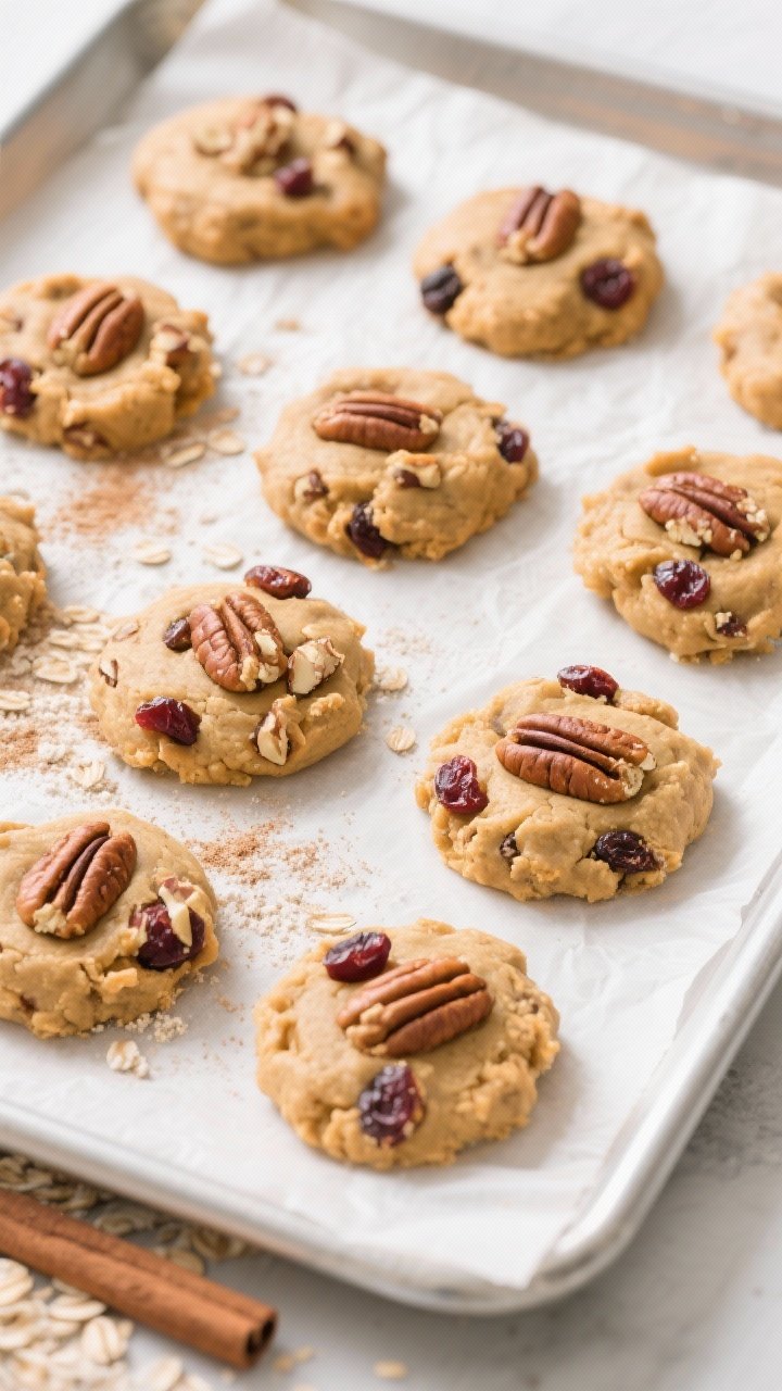 Cooking process: Overhead shot of shaped sweet potato cookie dough mounds on a parchment-lined bakin