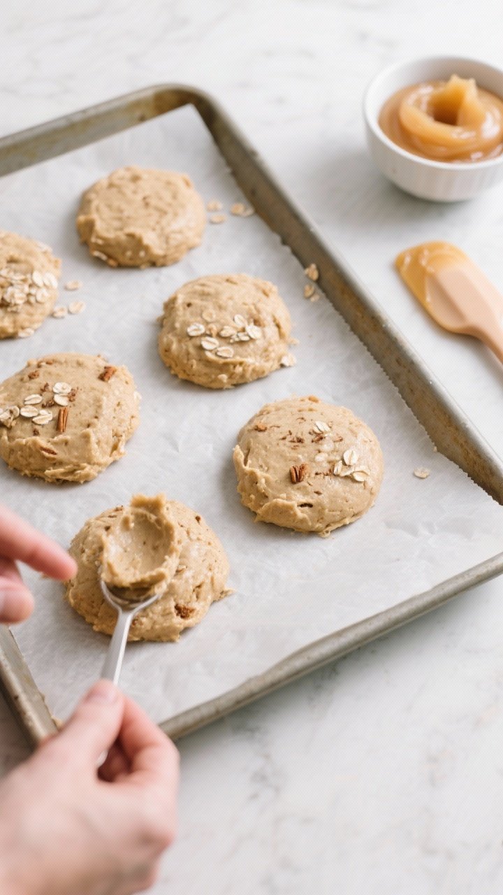 Cooking process: Overhead shot of shaping the batter into tablespoon-sized mounds and gently flatten