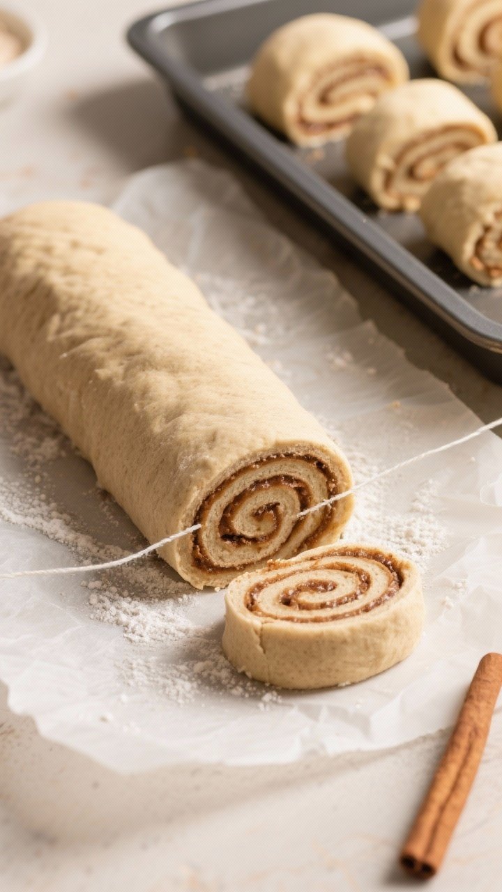 Cooking process: Overhead shot of sliced teff cinnamon roll log on parchment, showing tight, even sp