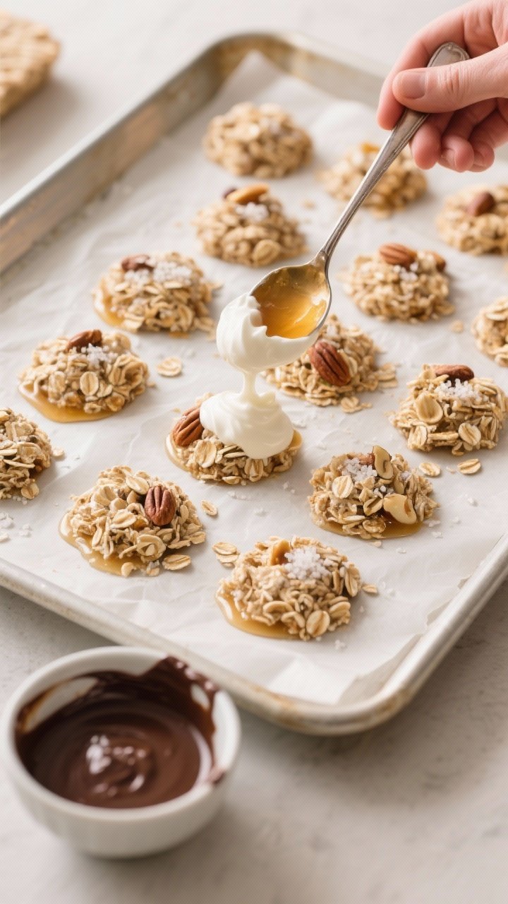 Cooking process: Overhead shot of spooning thick honey-vanilla Greek yogurt mixture mixed with rolle