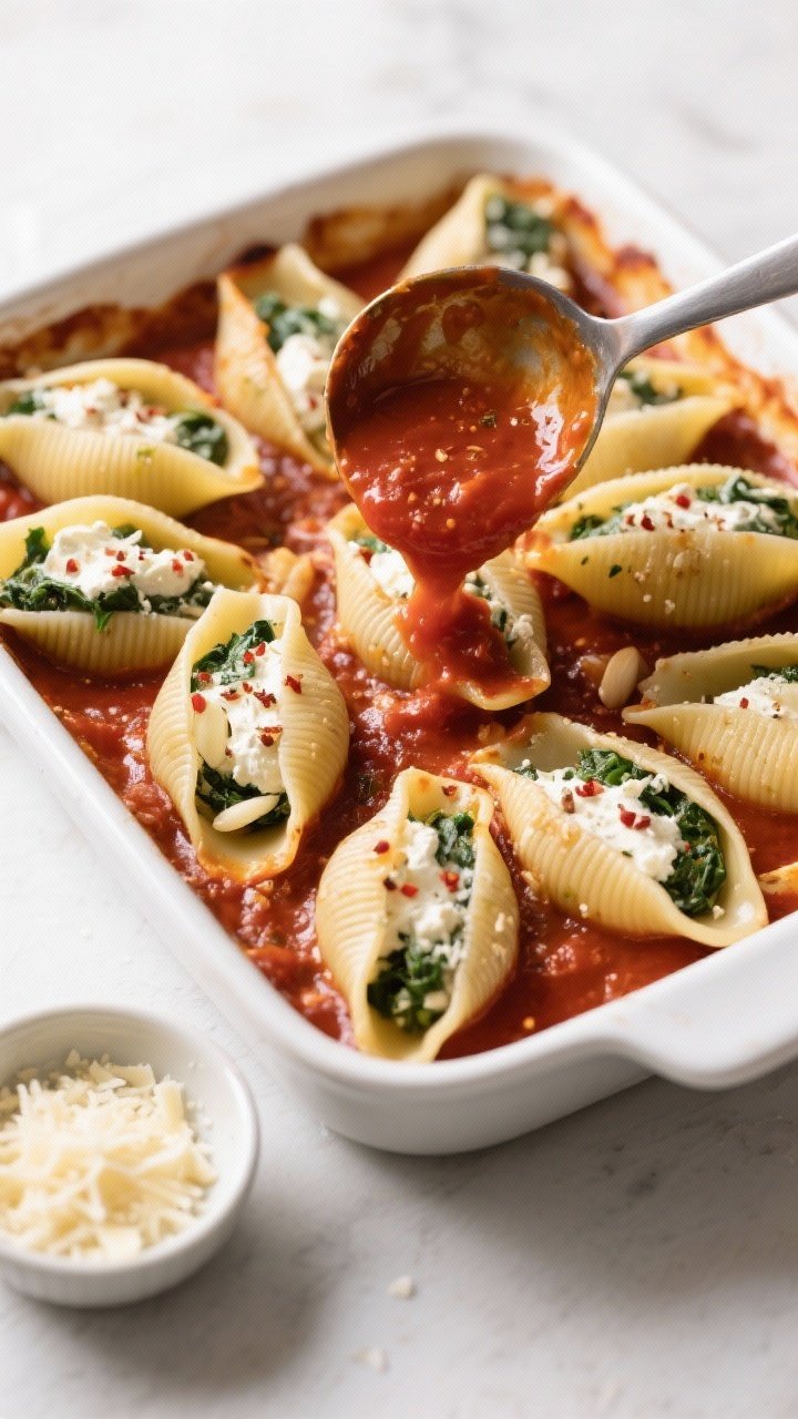 Cooking process: Overhead shot of stuffed shells being nestled open-side up into a sauced baking dis