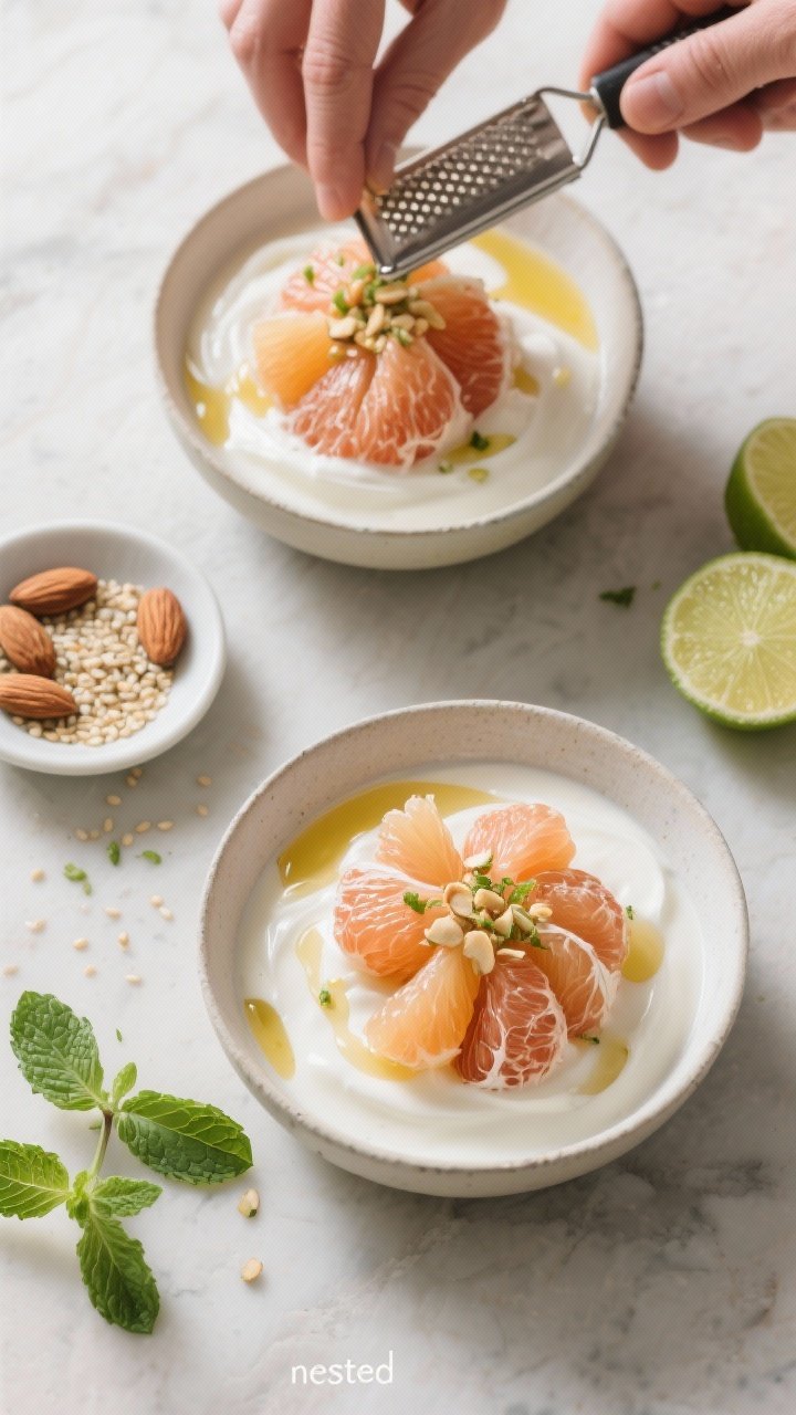 Cooking process: Overhead shot of the assembly step—two bowls of sweetened yogurt on a pale stone 