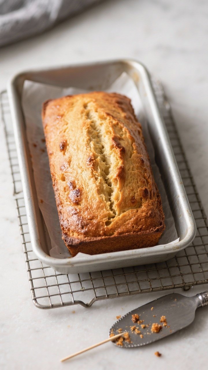 Cooking process: Overhead shot of the baked loaf cooling on a wire rack lined with parchment, just l