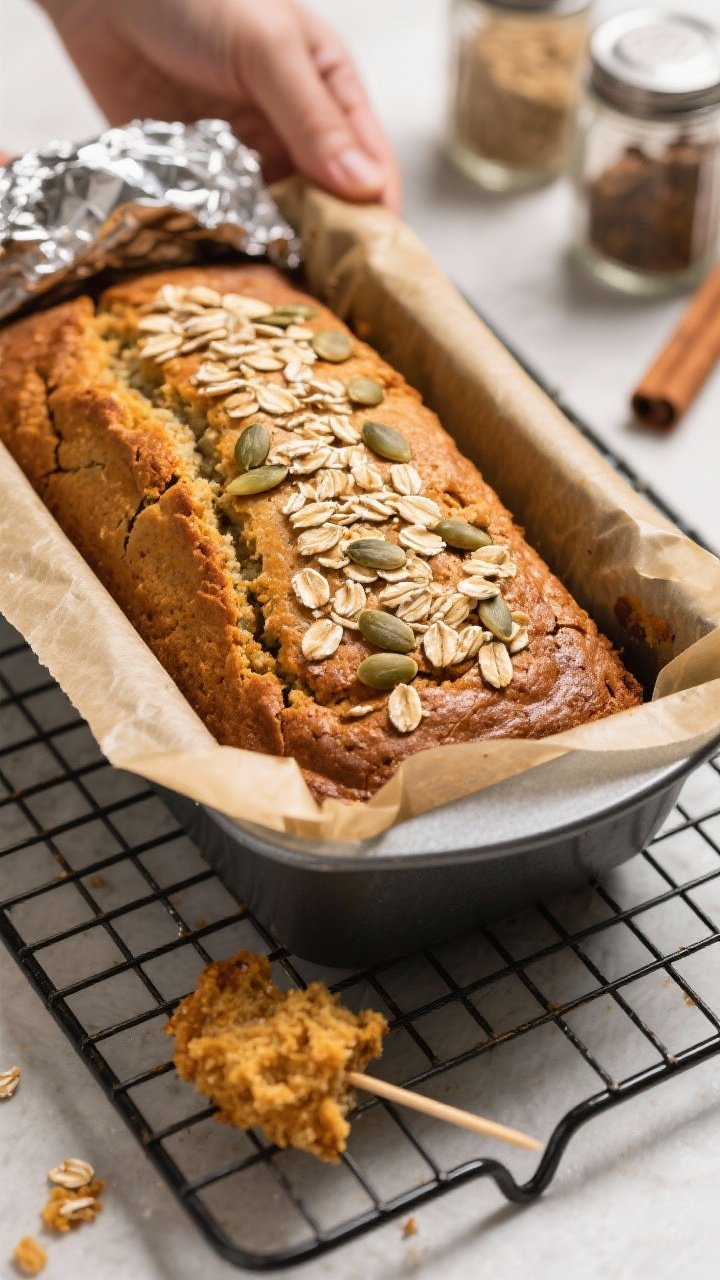 Cooking process: Overhead shot of the baked loaf just lifted from a parchment-lined 9x5-inch pan ont