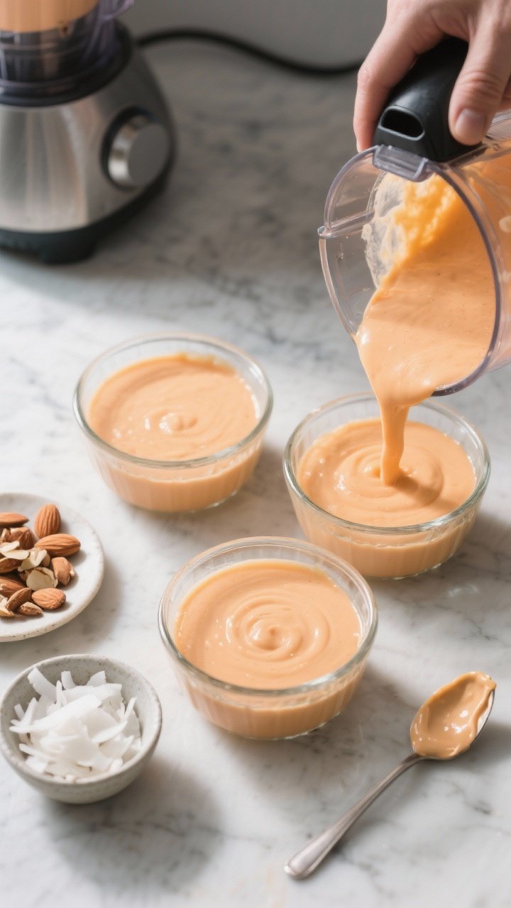 Cooking process: Overhead shot of the blended pudding being poured from a blender into three clear r