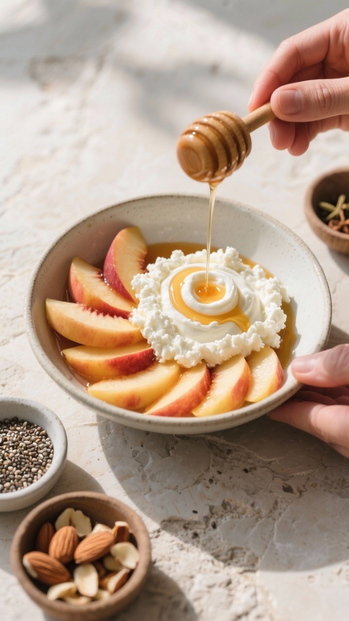 Cooking process: Overhead shot of the bowl being assembled—cottage cheese scooped and swirled smoo