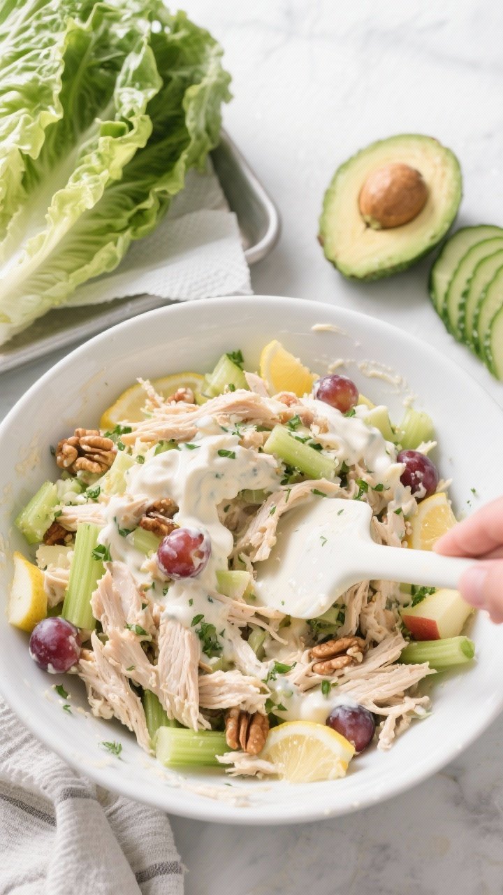 Cooking process: Overhead shot of the chicken salad being gently folded in a large white mixing bowl