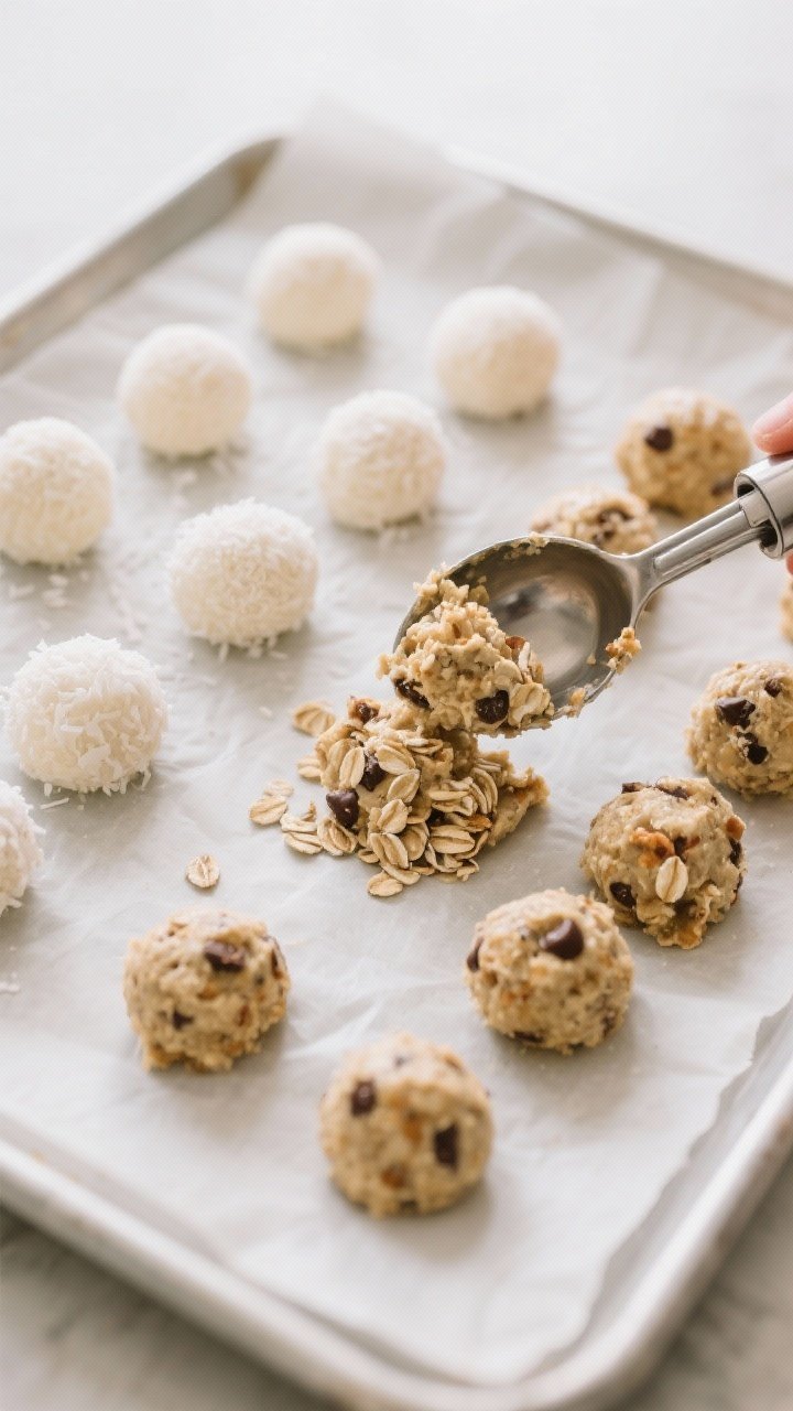 Cooking process: overhead shot of the chilled mixture being portioned and rolled into uniform balls