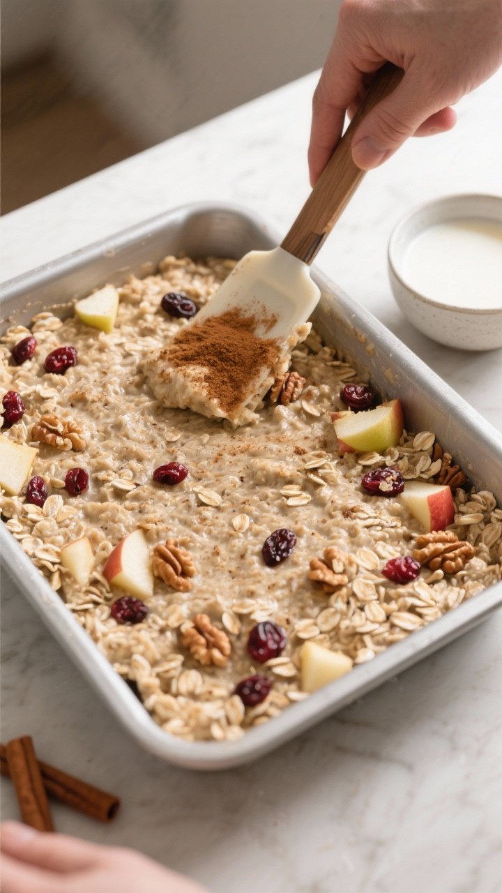 Cooking process: Overhead shot of the hydrated oat mixture being smoothed into a greased 9x9 baking 