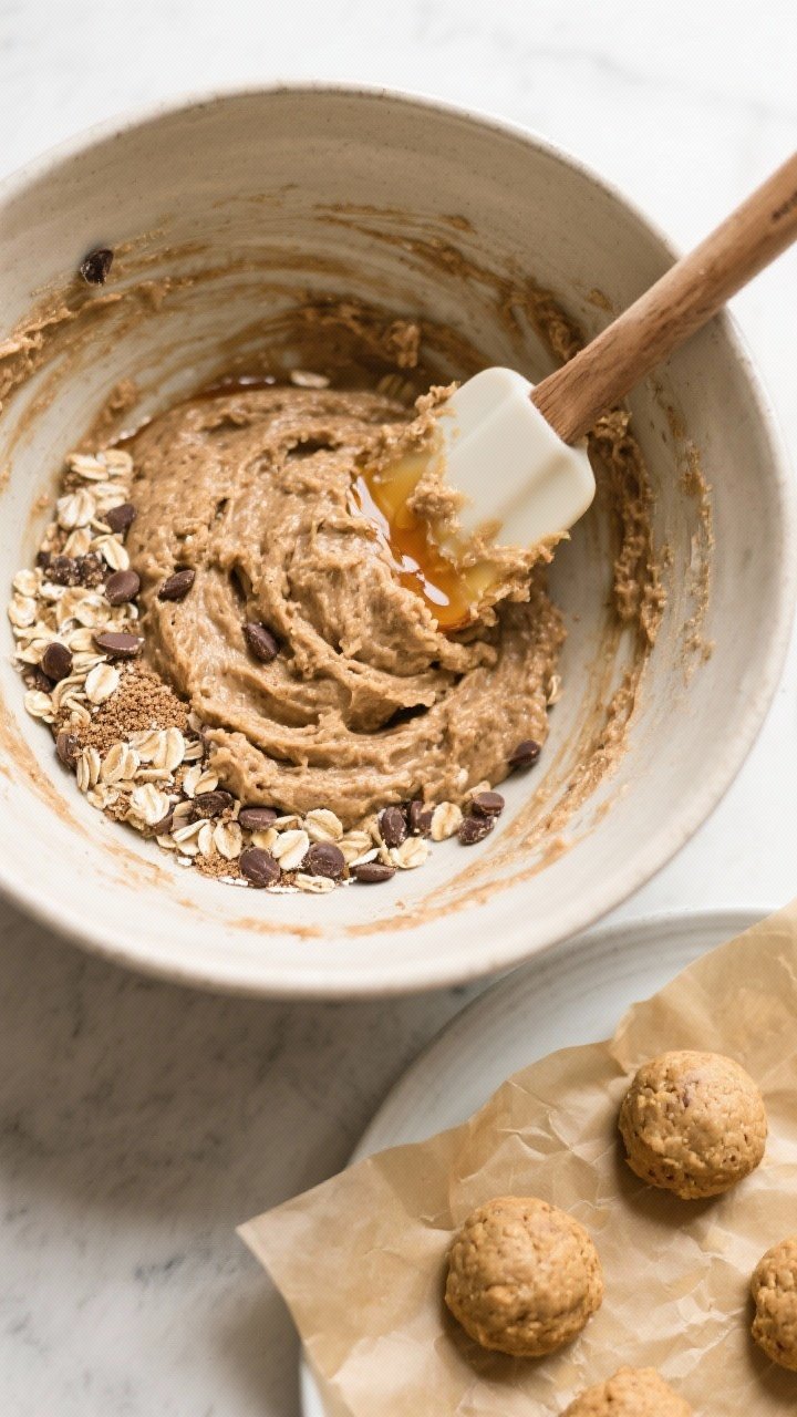 Cooking process: Overhead shot of the mixture being folded in a medium mixing bowl with a sturdy spa