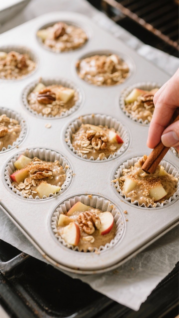 Cooking process: Overhead shot of the muffin tin being filled and ready to bake, batter resting inco