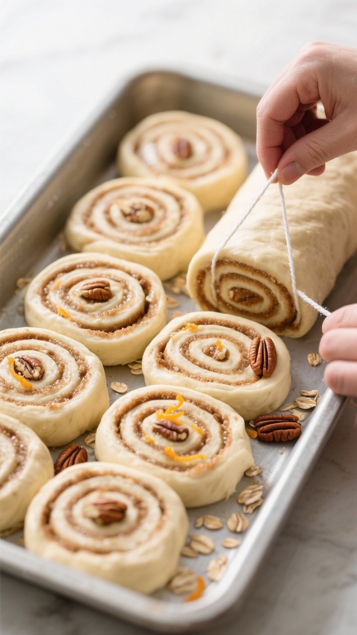 Cooking process: Overhead shot of the rolled dough log being sliced into even rounds with unflavored