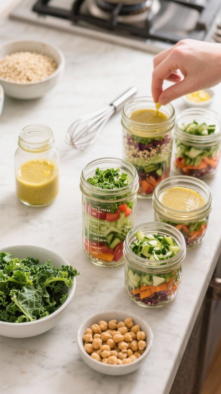 Cooking process: Overhead shot of the salad jar assembly in progress—four wide-mouth jars lined up