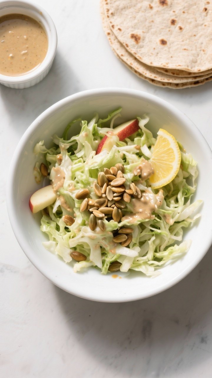 Cooking process: Overhead shot of the slaw being tossed in a large white mixing bowl after resting 5