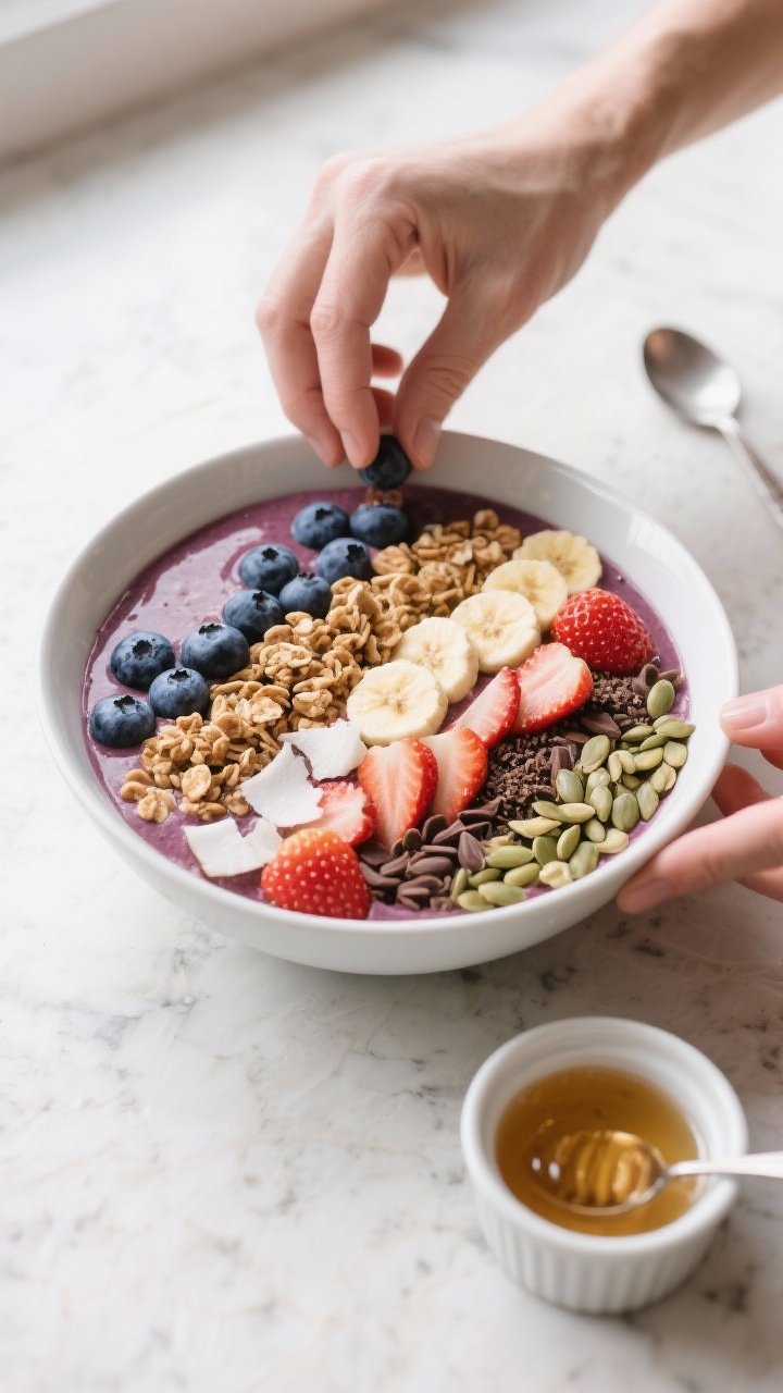 Cooking process: Overhead shot of the smoothie bowl mid-assembly, the blended base already poured an