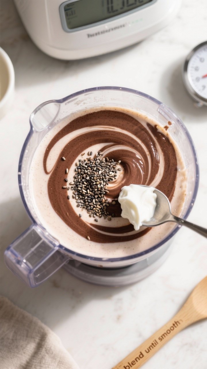 Cooking process: Overhead shot of the smoothie mid-blend in a blender jar, smooth vortex forming wit