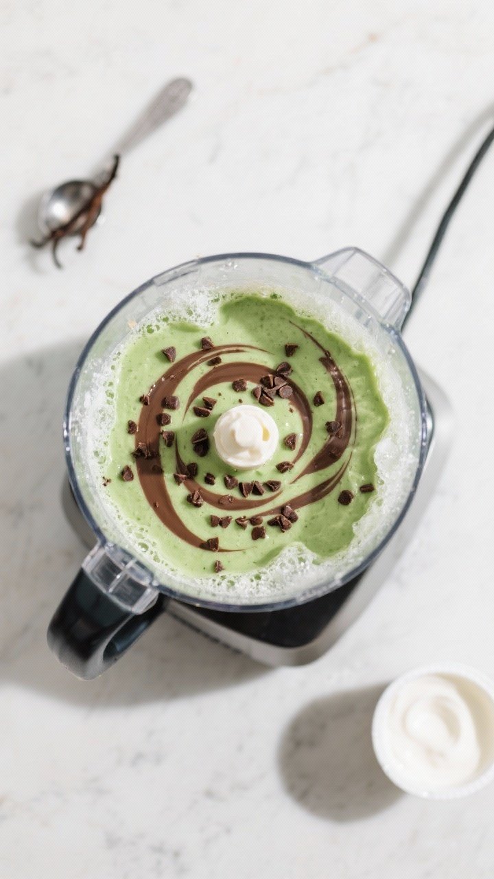Cooking process: overhead shot of the smoothie mid-blend in a high-speed blender just after pulsing 