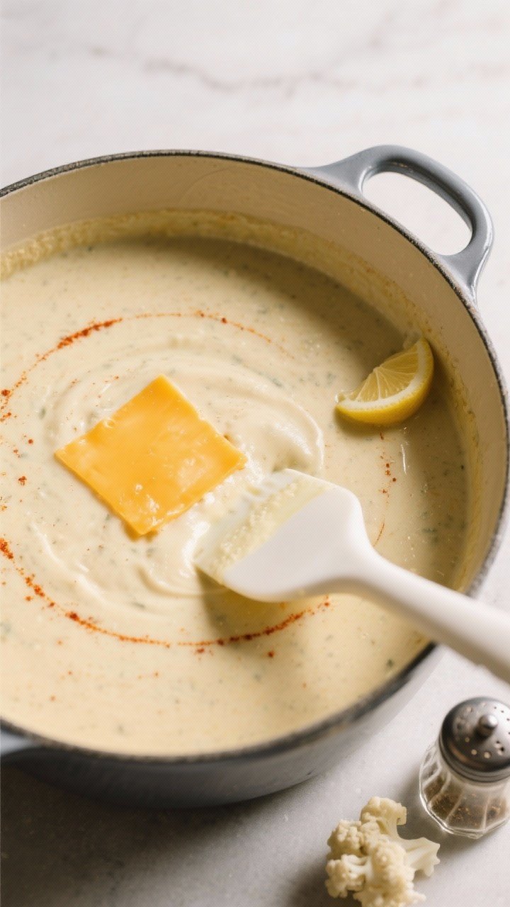 Cooking process: Overhead shot of the soup just after blending and cheese melting in the pot—velve