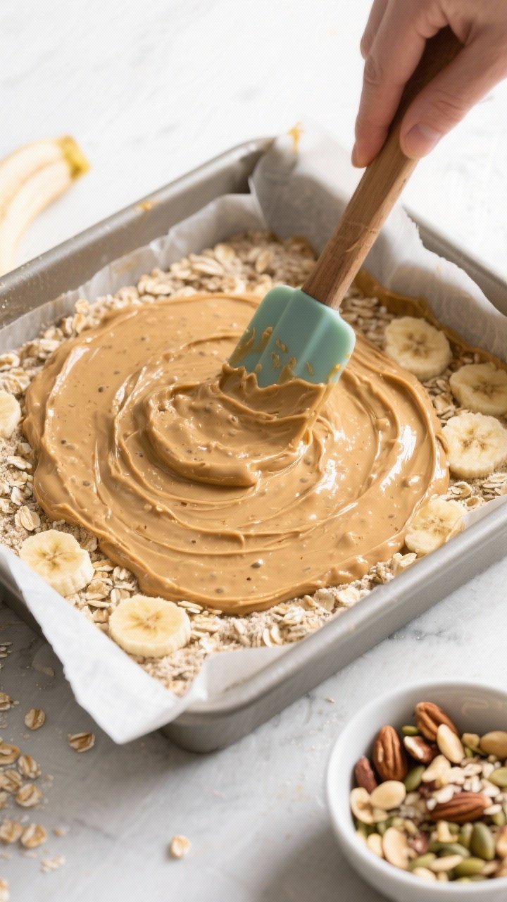 Cooking process: Overhead shot of the thick, spreadable batter being pressed evenly into a parchment