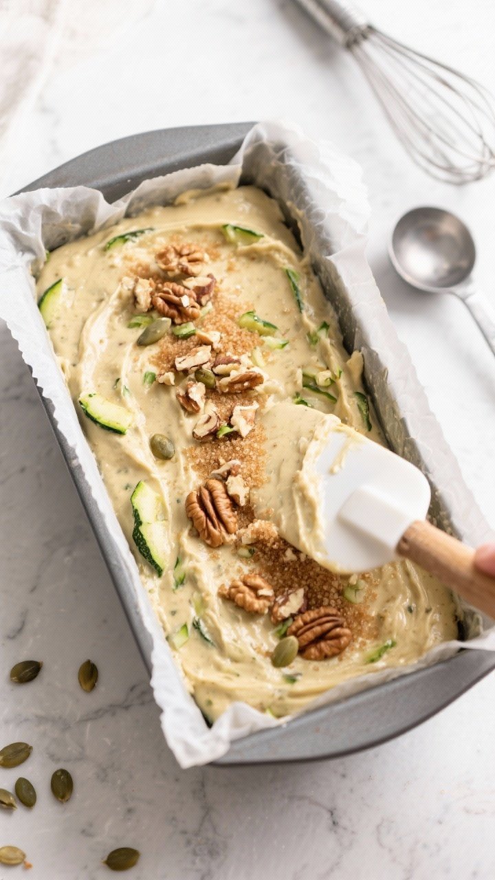 Cooking process: Overhead shot of the thick, spreadable batter being smoothed into a parchment-lined