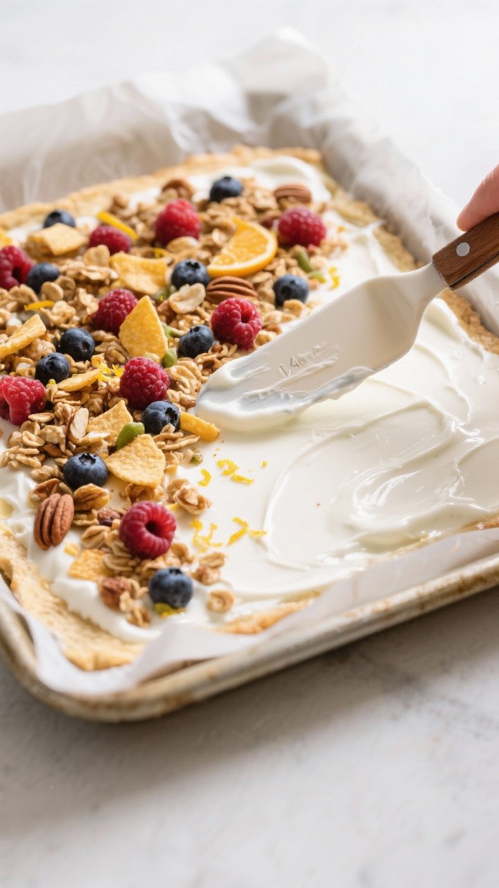 Cooking process: Overhead shot of the yogurt base being spread evenly on a parchment-lined rimmed sh