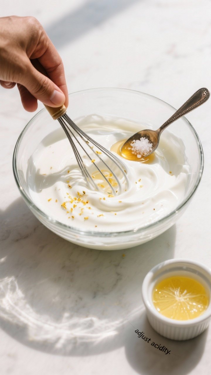 Cooking process: Overhead shot of the yogurt being whisked with honey and a pinch of fine sea salt i