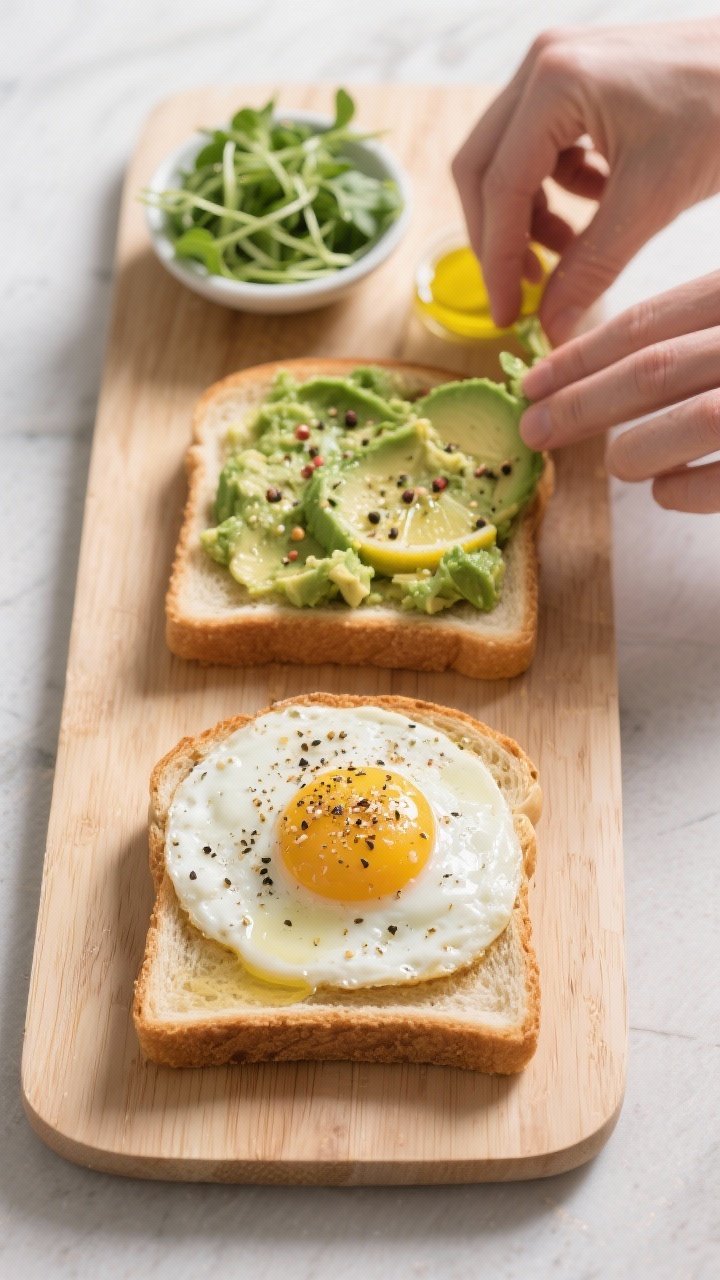 Cooking process: Overhead shot of two slices of toast being assembled on a clean wooden board—one 