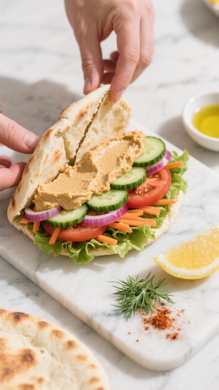 Cooking process: Overhead shot of warmed pitas being split and filled on a clean board—one pocket