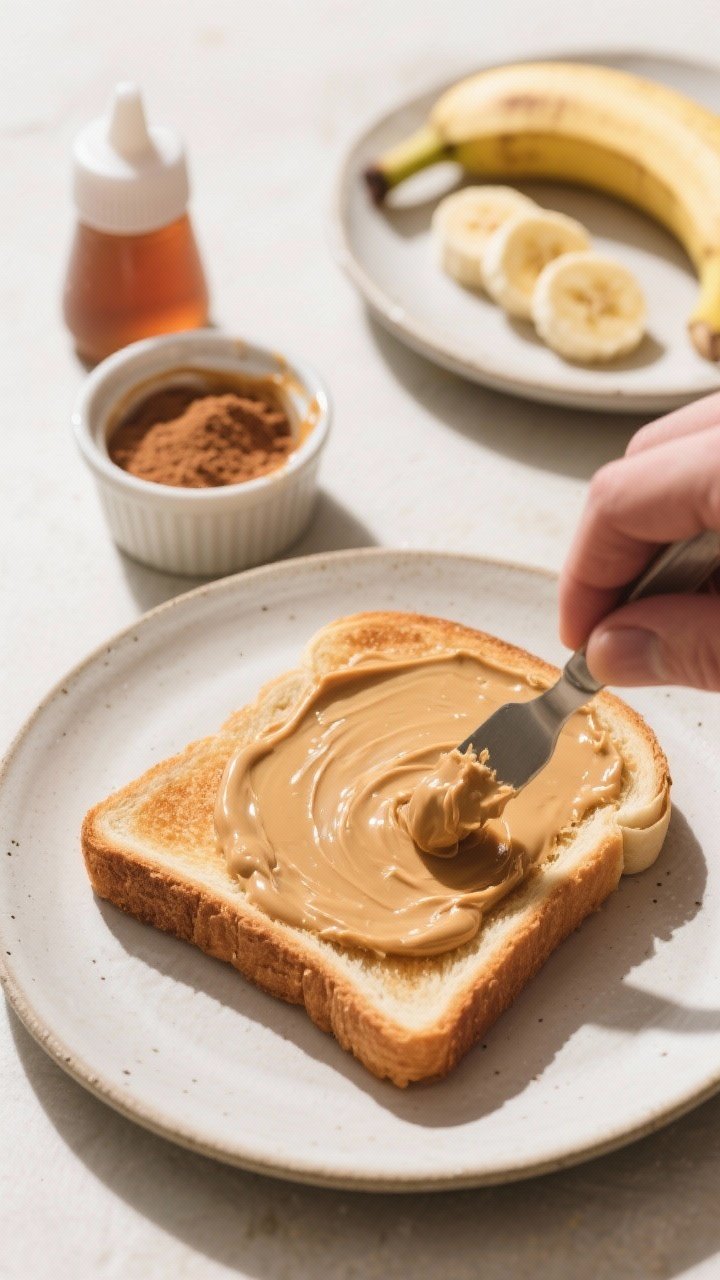 Cooking process: Peanut Butter Banana Toast assembly in progress—hot toast on a simple ceramic pla