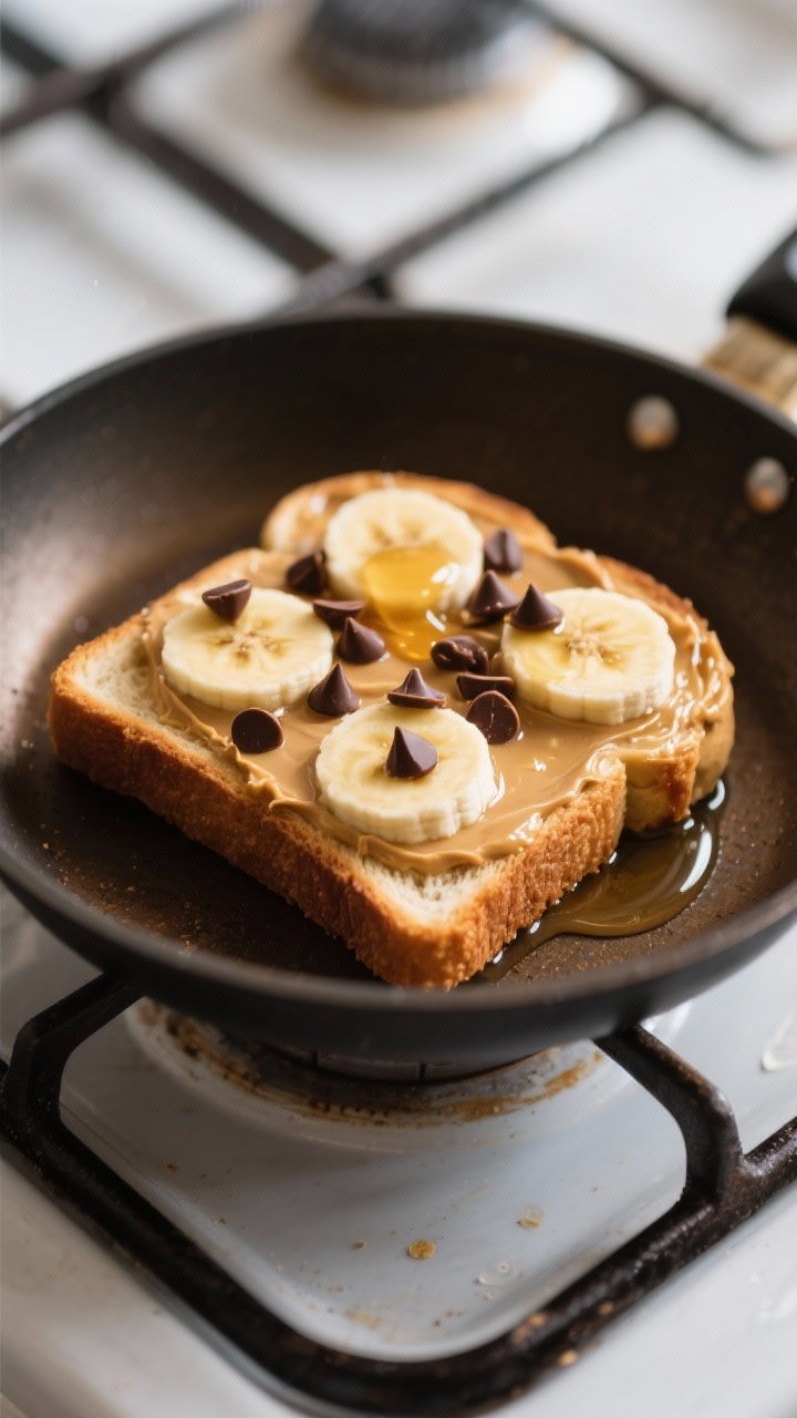 Cooking process: Peanut butter banana toast on a warm, turned-off skillet, chocolate chips visibly s