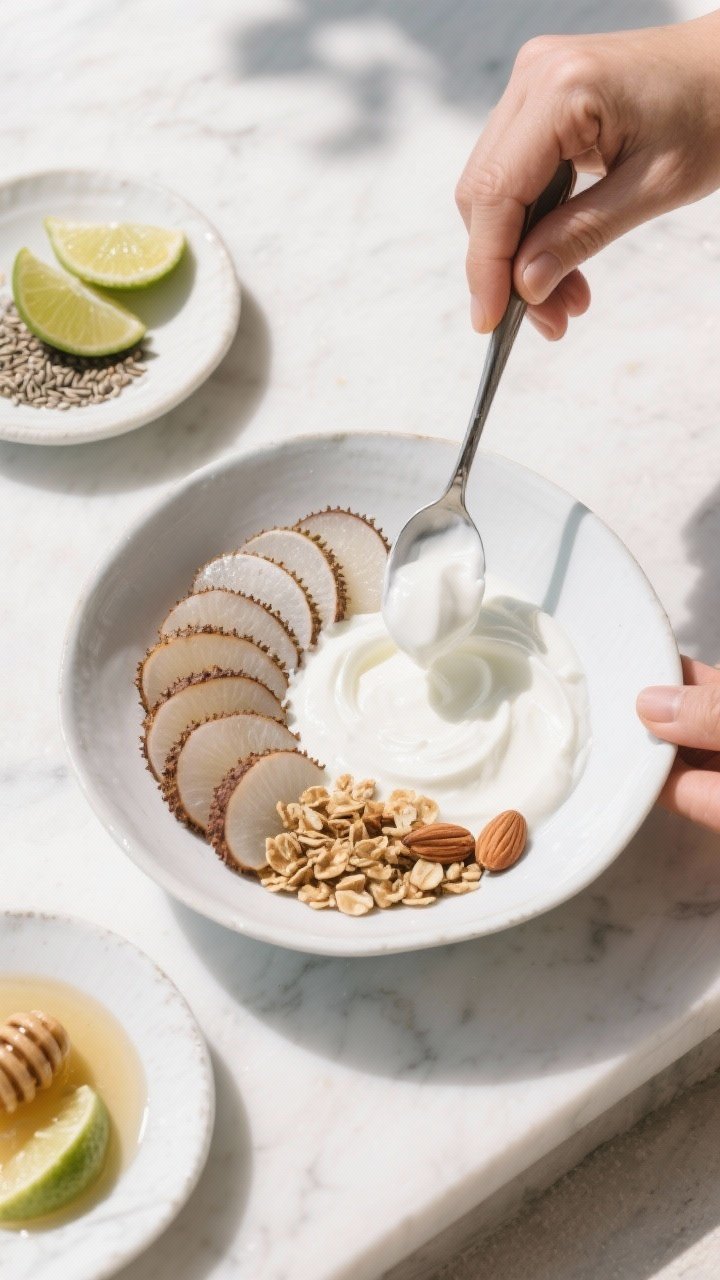 Cooking process/prep assembly: Assembling the Salak Yogurt Bowl—spoonfuls of thick yogurt being sm