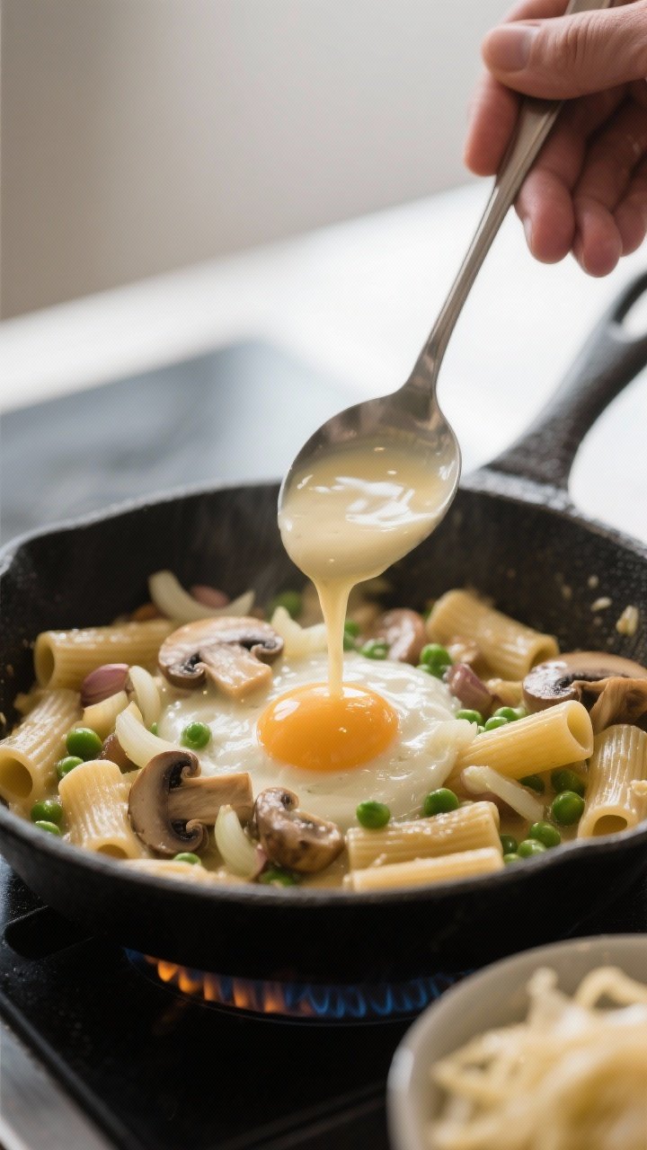 Cooking process: Professional kitchen-style image of the egg mixture being poured into a skillet of 