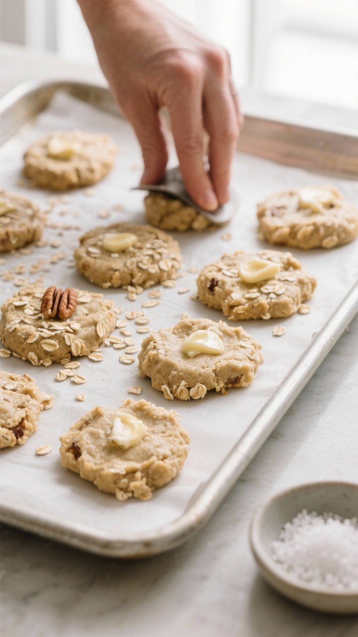 Cooking process: Rested cookie dough being portioned and gently pressed to 1/2-inch thickness on a l