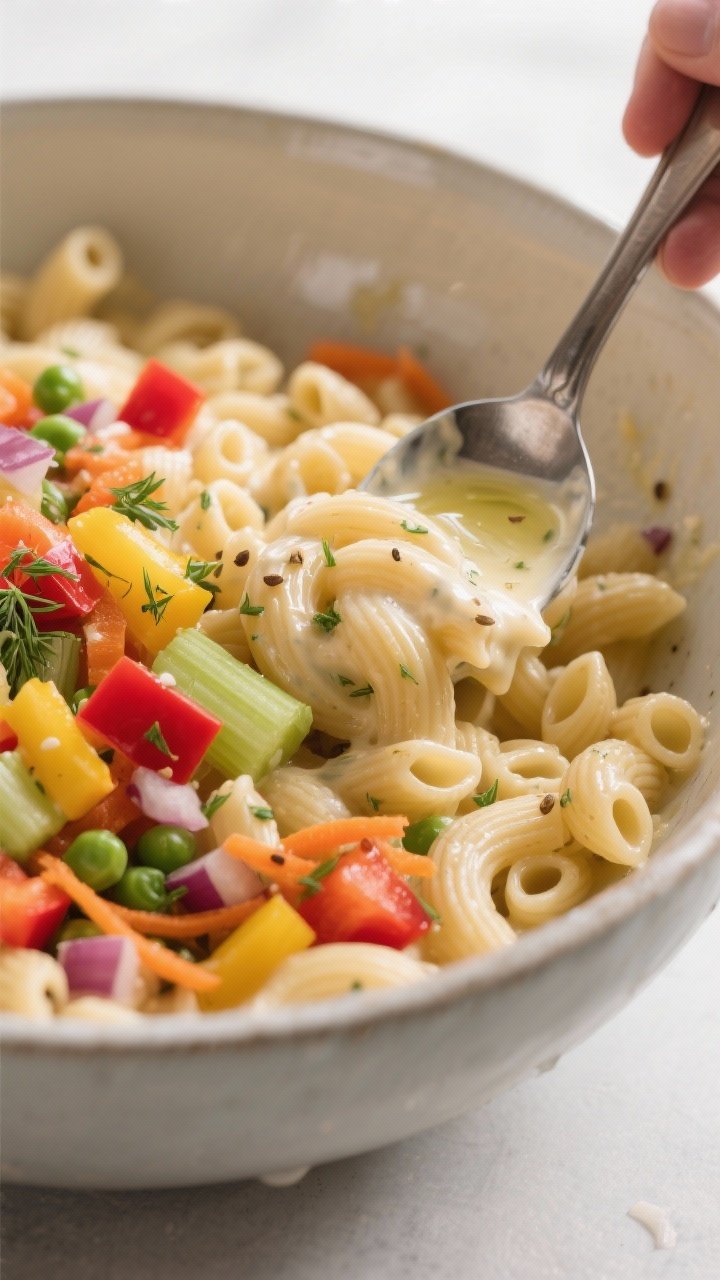 Cooking process — rinsed and cooled macaroni being folded into a glossy, light dressing in a large